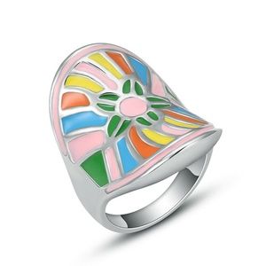 Stainless Steel Silver Women Flower Stone Ring